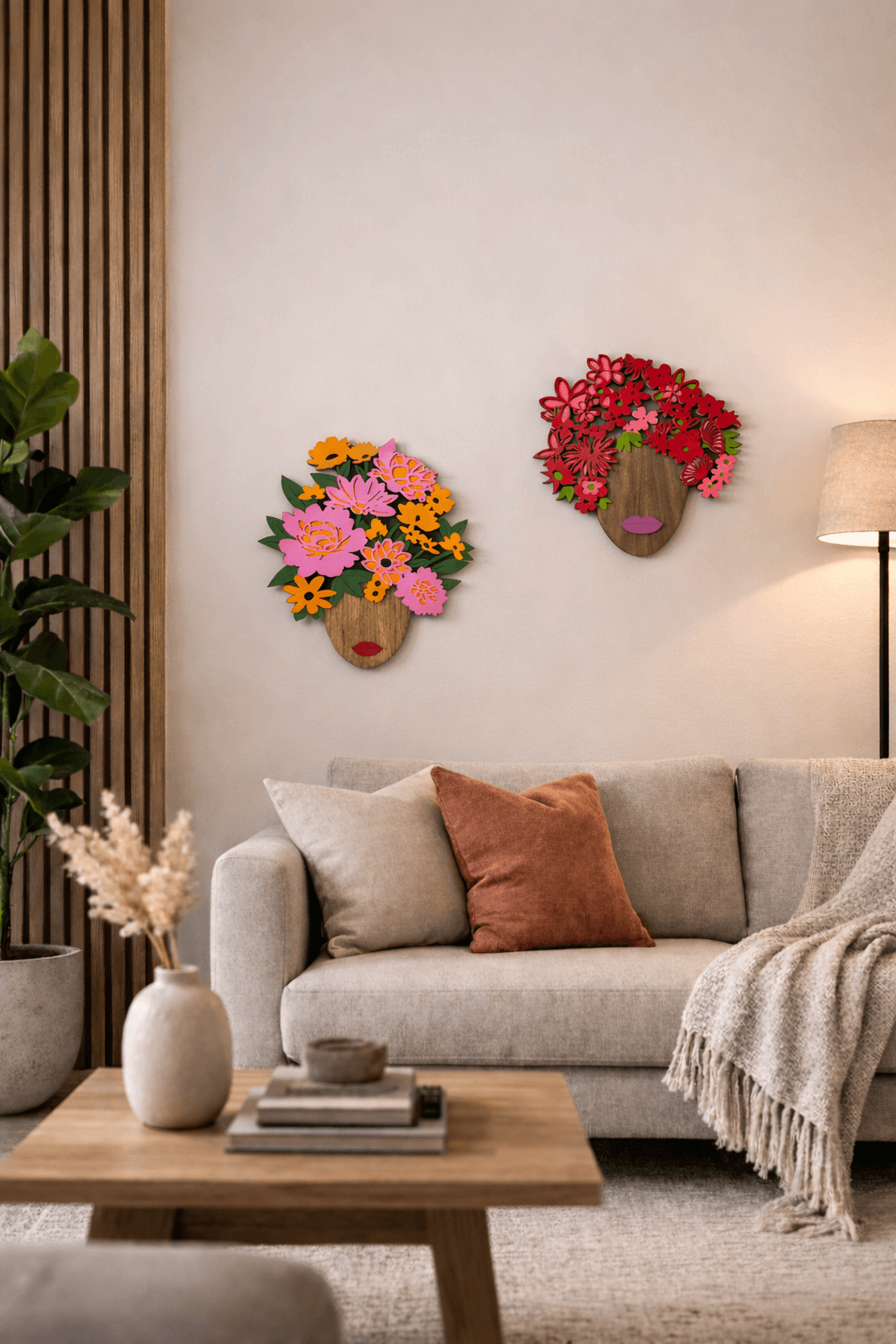 Living room with decorative wall art, sofa, and coffee table.