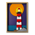 Framed artwork of a lighthouse with a colorful background