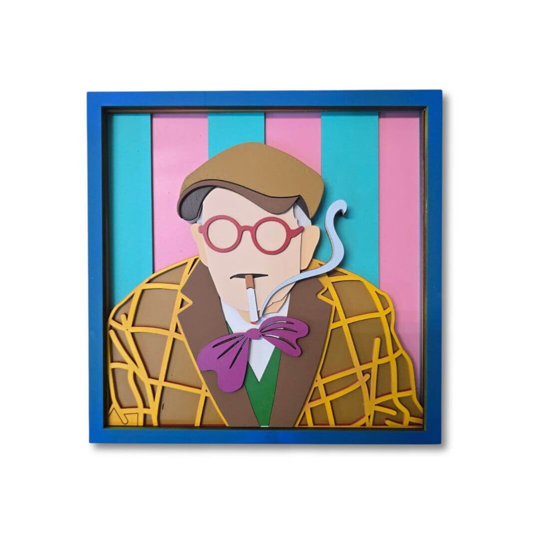 Colorful handmade wooden wall art portrait inspired by David Hockney, featuring pink glasses, a striped shirt, and layered pop art details.