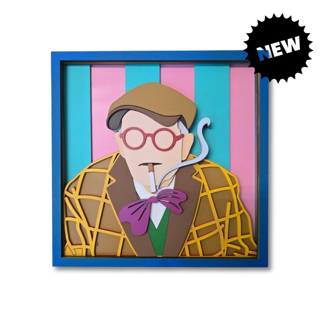 Colorful handmade wooden wall art portrait inspired by David Hockney, featuring pink glasses, a striped shirt, and layered pop art details.