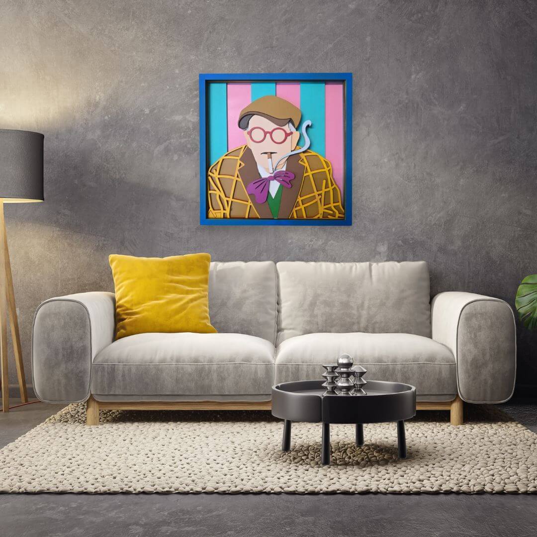 Colorful handmade wooden wall art portrait inspired by David Hockney, featuring pink glasses, a striped shirt, and layered pop art details.