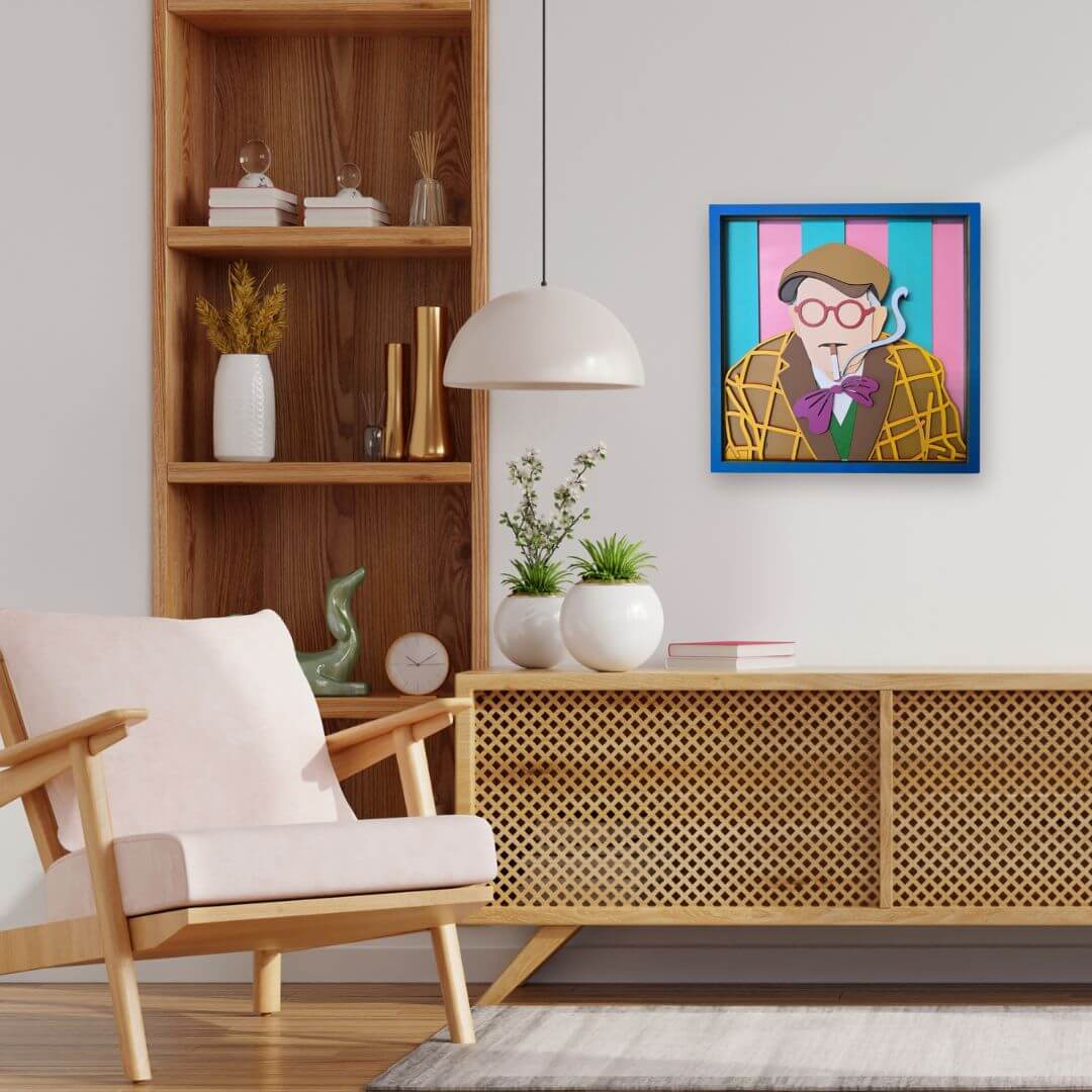 Colorful handmade wooden wall art portrait inspired by David Hockney, featuring pink glasses, a striped shirt, and layered pop art details.