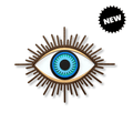 A decorative wall art piece shaped like an eye, with a blue and black iris, white sclera, and brown radiating rays. 