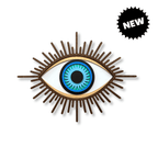 A decorative wall art piece shaped like an eye, with a blue and black iris, white sclera, and brown radiating rays. 