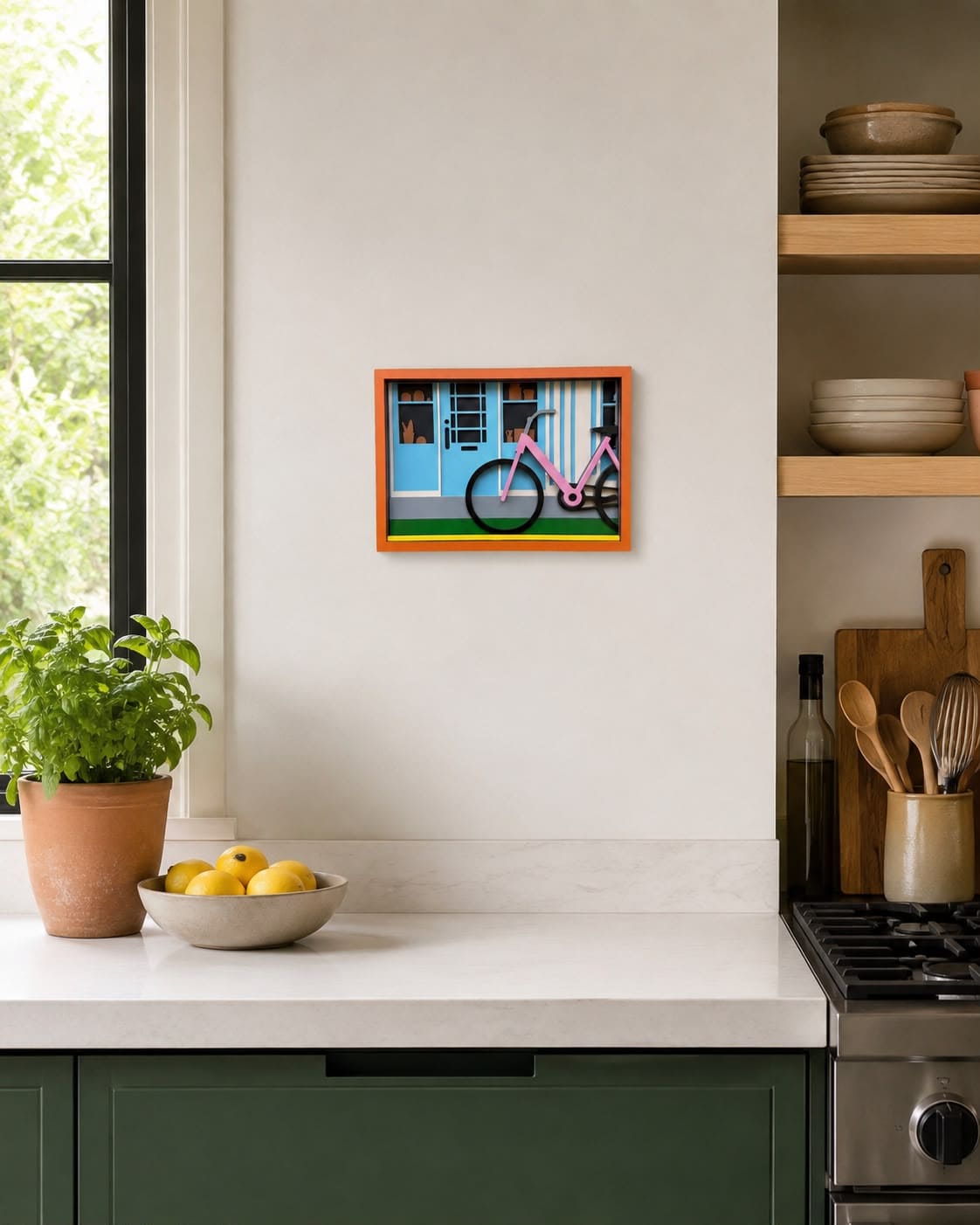 A framed art print featuring a pink bicycle in front of a blue house, hung on a white kitchen wall above a countertop with a potted plant and lemons.