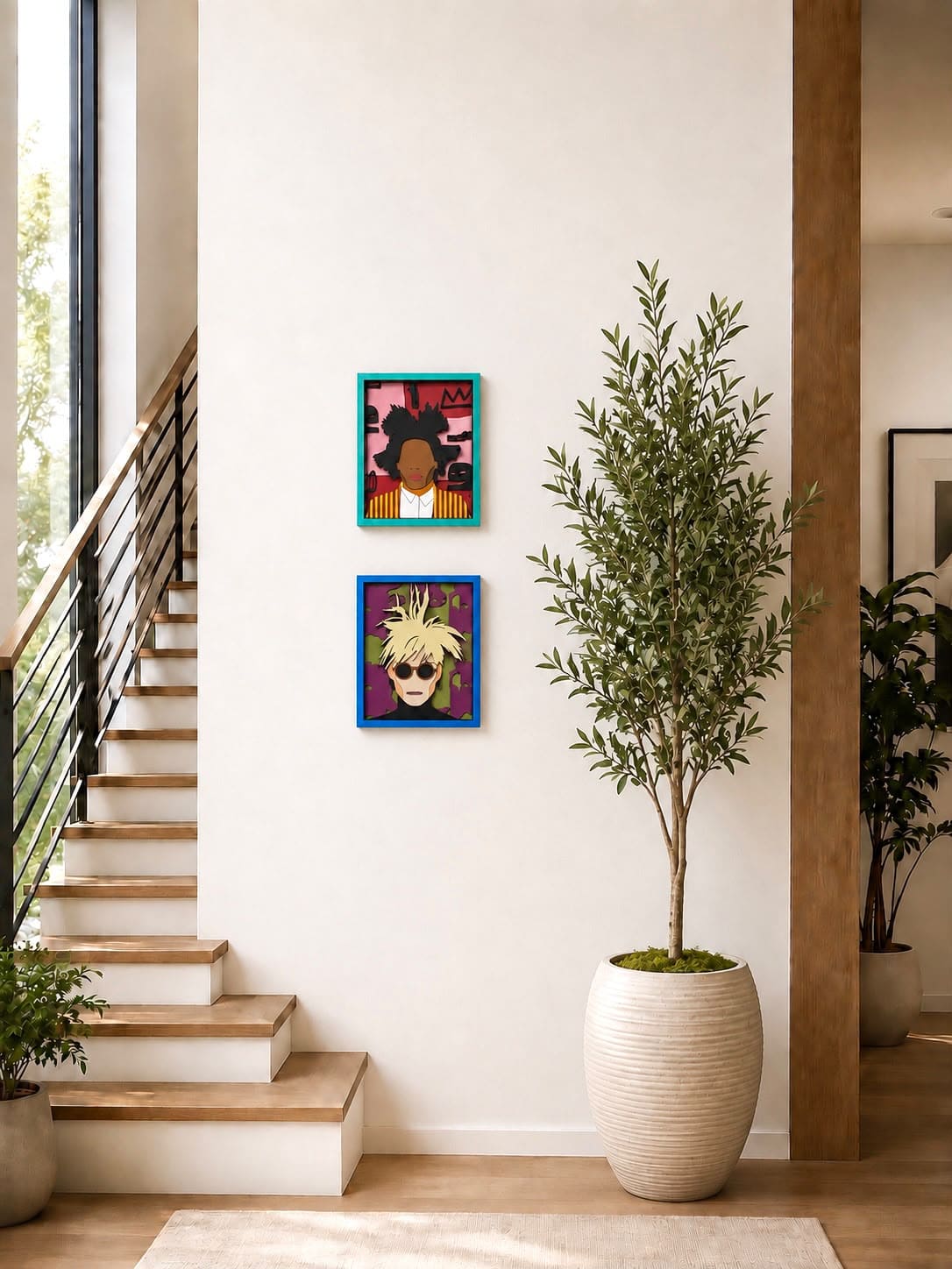 Two colorful framed art prints featuring stylized portraits are displayed on a white wall in a modern interior setting with a staircase, potted plants, and wooden accents.