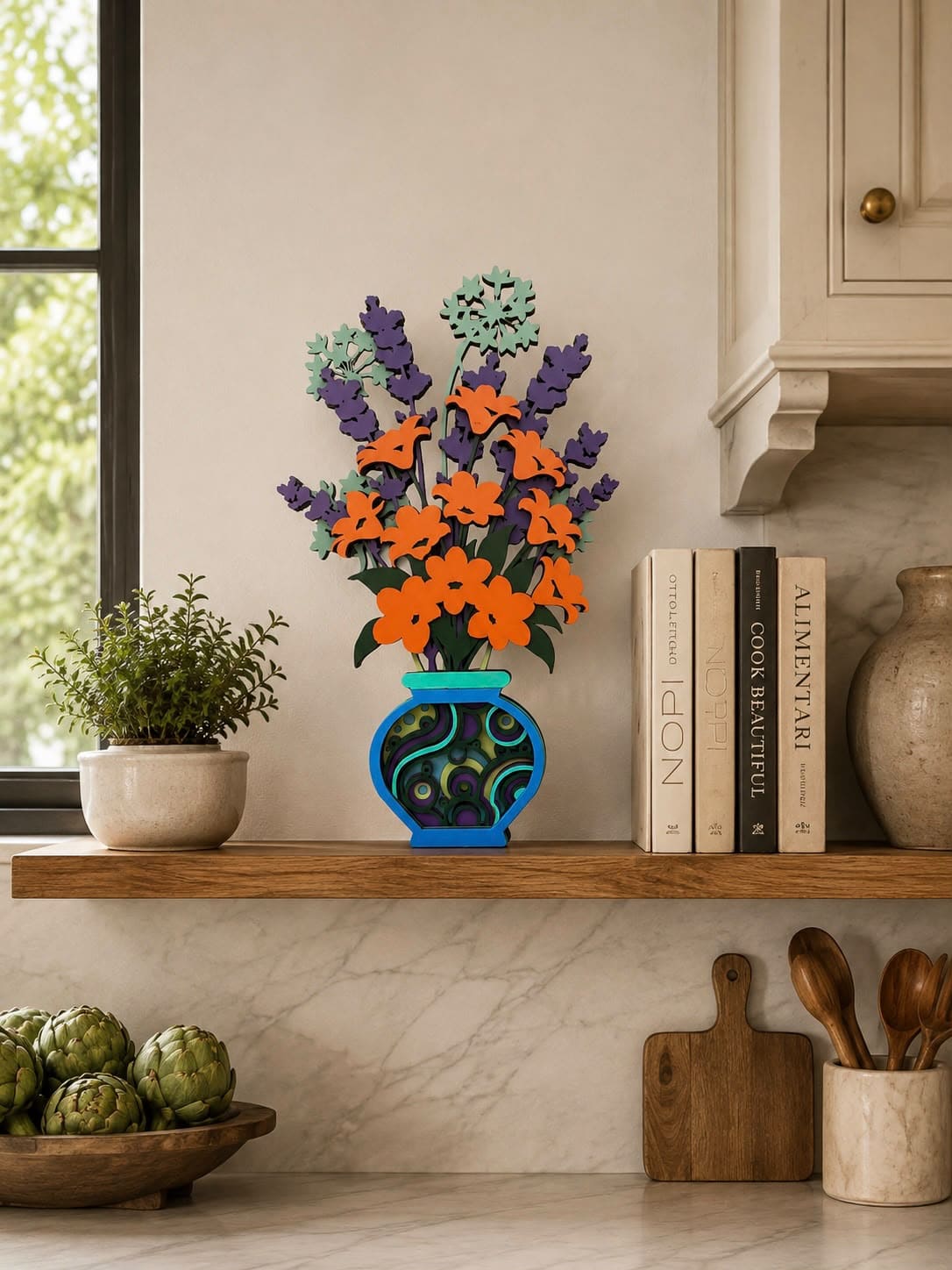 A colorful 3D wooden floral arrangement in a blue patterned vase, styled on a wooden shelf next to books, a small potted plant, and kitchen items in a warm, modern kitchen setting.