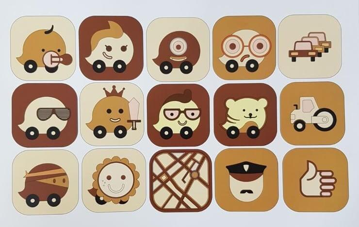 A sheet of square stickers or decals featuring 15 cartoon vehicle-themed icons arranged in a grid on a light gray background. The designs include stylized animals and objects like a baby car, a giraffe in a car, a bear in a car, a map, a police hat, and a thumbs-up, using a limited palette of warm brown, tan, cream, and black.