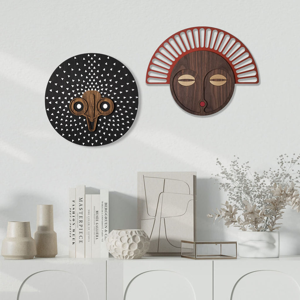 Modern African Masks #10 + #23 (Set of 2) - African Wooden Wall Decor